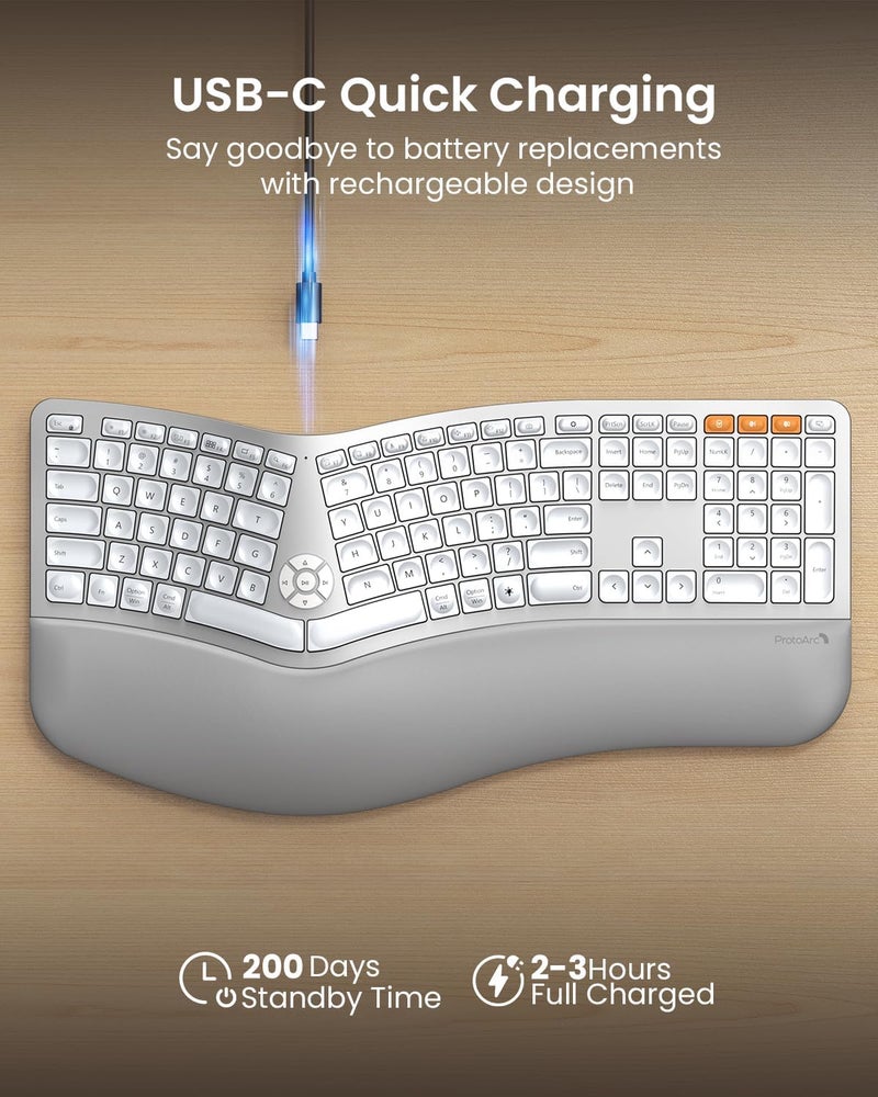 ProtoArc Backlit Bluetooth Ergonomic Keyboard, EK01 Plus Full Size Wireless Split Keyboard with Dual Bluetooth and USB, Cushioned Wrist Rest, Rechargeable, for Windows/Mac/Android, White and Silver - Image 5